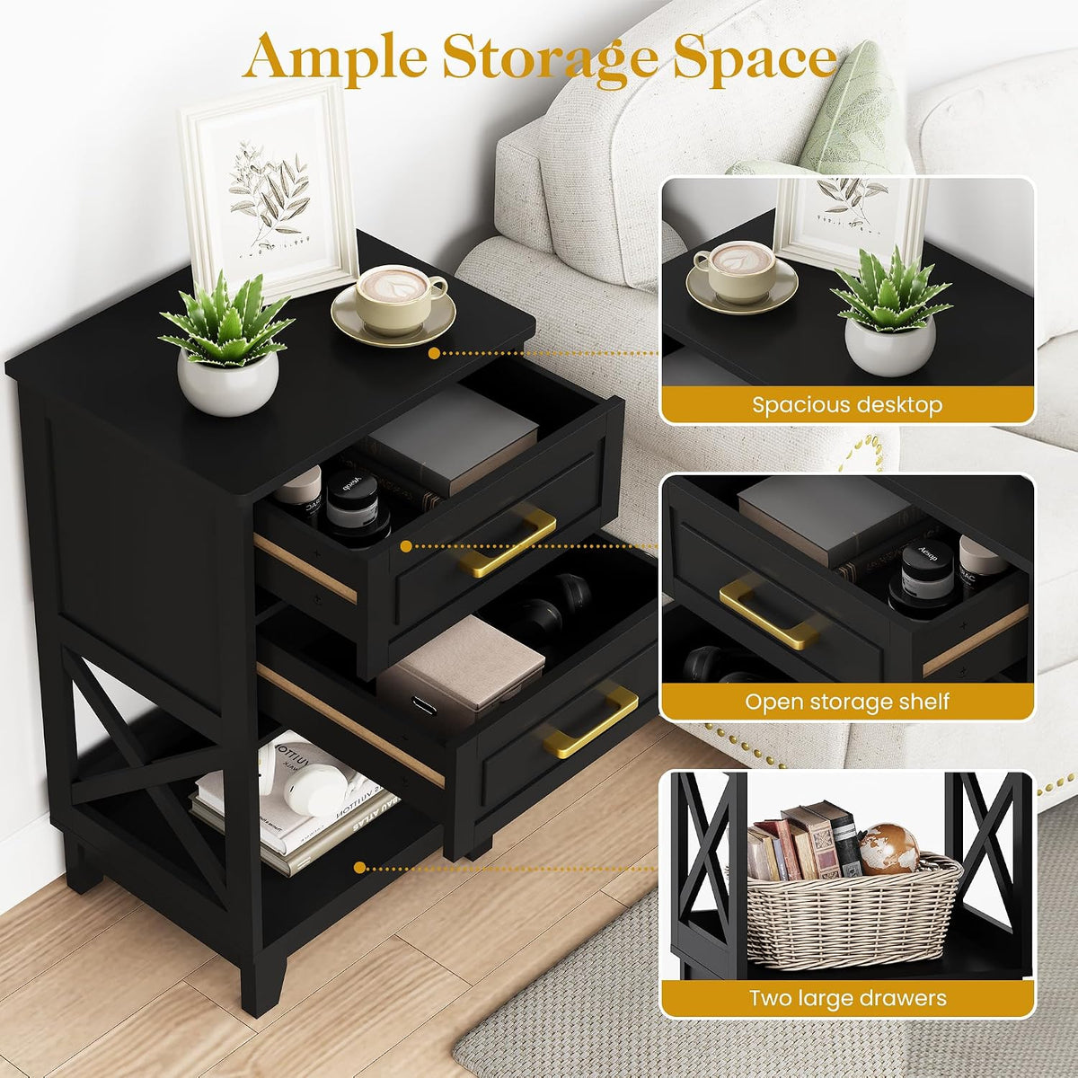 RoyalCraft 30" Tall Nightstand, Modern Painted Bedside Table with 2 Drawers and Open Shelf, Wood Side Table for Bedroom, Home Office, Black-Open Shelf Below, Set of 2