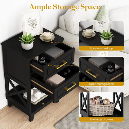 RoyalCraft 30" Tall Nightstand, Modern Painted Bedside Table with 2 Drawers and Open Shelf, Wood Side Table for Bedroom, Home Office, Black-Open Shelf Below, Set of 2