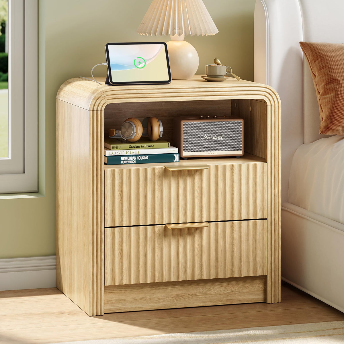 Decofy Fluted Nightstand Set of 2 with Charging Station, 2 Drawers, Walnut