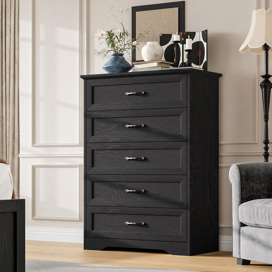 Garvee Farmhouse Wood 43.9" Tall 5 Drawer Dresser for Bedroom, Black