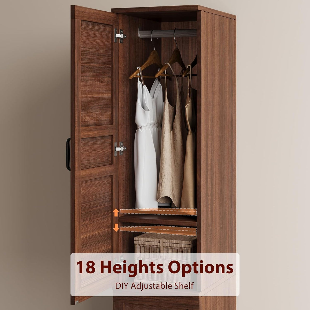 72" Wooden Armoire Wardrobe Closet – 2 Doors, Hanging Rod, 18 Adjustable Shelves, Narrow Bedroom Storage Organizer – Walnut Finish,Brown
