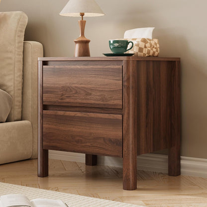 MAISONARIA Walnut Nightstands Set of 2, Mid Century Modern Bedside Table with Hidden Handles and Wood Legs, Wooden End Table with 2 Drawers for Bedroom