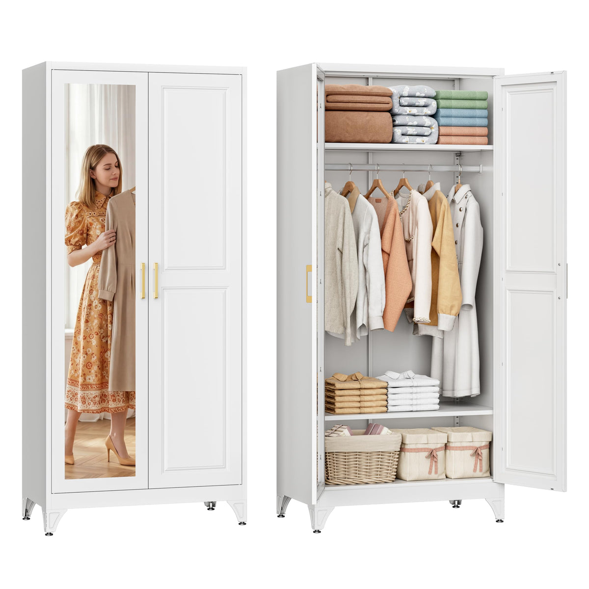 SteeLoong Metal Wardrobe Cabinet,Armoire Wardrobe Closet with Hanging Rod