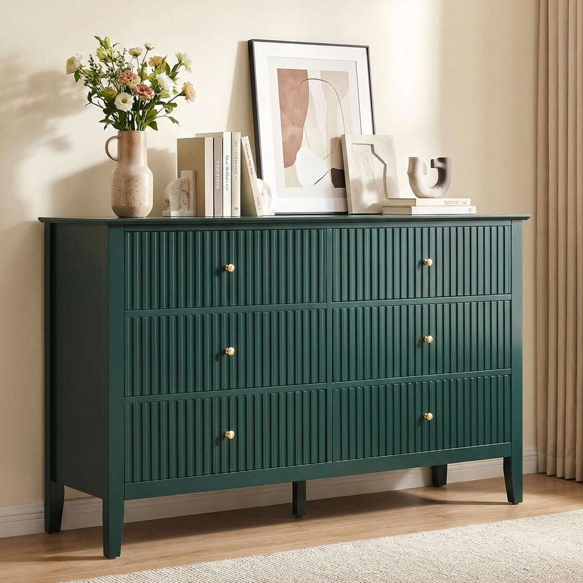 RoyalCraft 6 Drawer Dresser, Fluted Modern Wood Chest of Drawers, Long Dresser for Bedroom TV Stand Storage Cabinet for Living Room, Blue