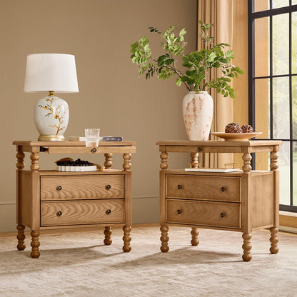 HULALA HOME 26" End Tables Set of 2 with Charging Station, Transitional 2 Drawer Wood Endtables with Pull-Out Shelf and Open Storage Space, Large Side Tables with Solid Wood Spindle Legs, Walnut