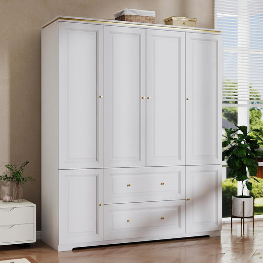 White Wardrobe Closet with 2 Drawers and 4 Doors, 74" H x 59" W