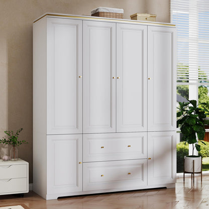 White Wardrobe Closet with 2 Drawers and 4 Doors, 74" H x 59" W