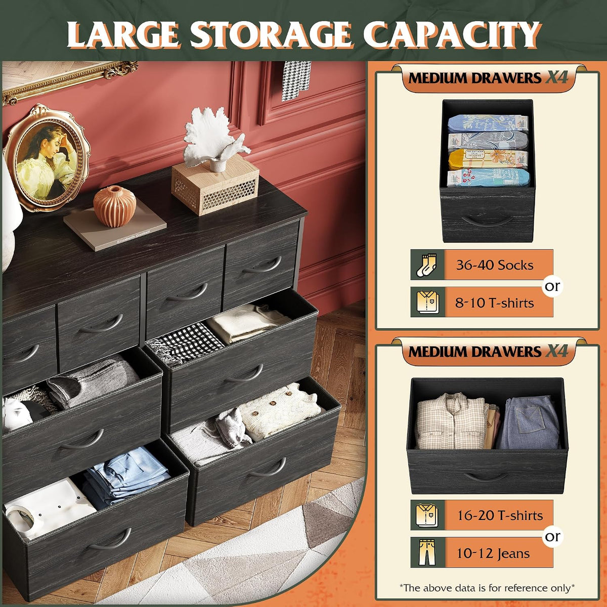 WLIVE Wide Dresser for Bedroom, 8 Drawer Chest of Drawers, Black Wood Grain
