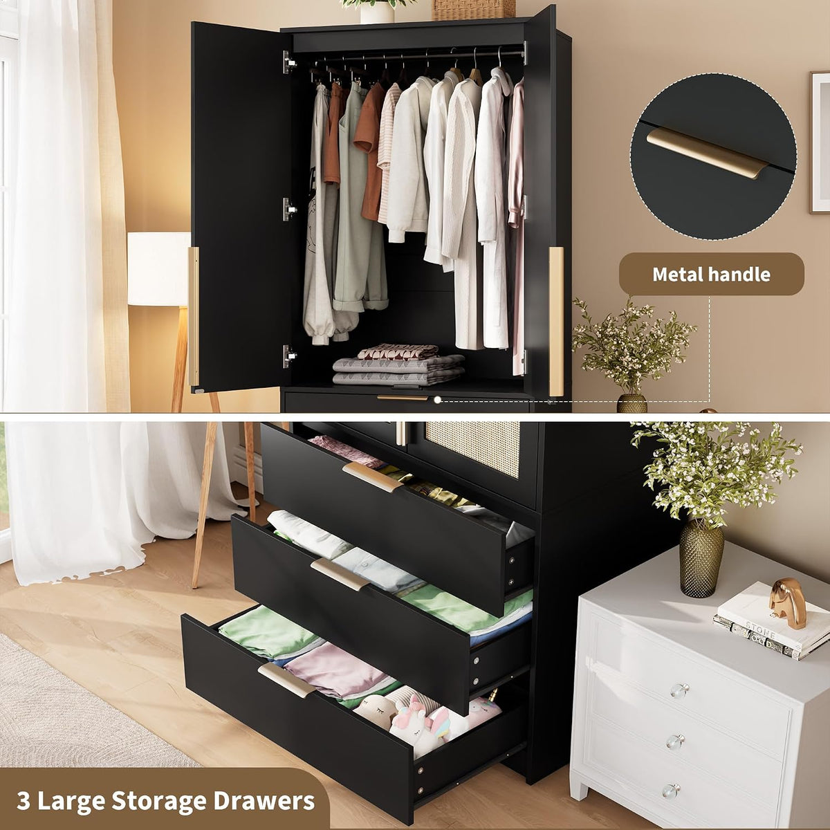 GarveeHome 70" Wardrobe Armoire Wooden Closet with 3 Drawers, Black