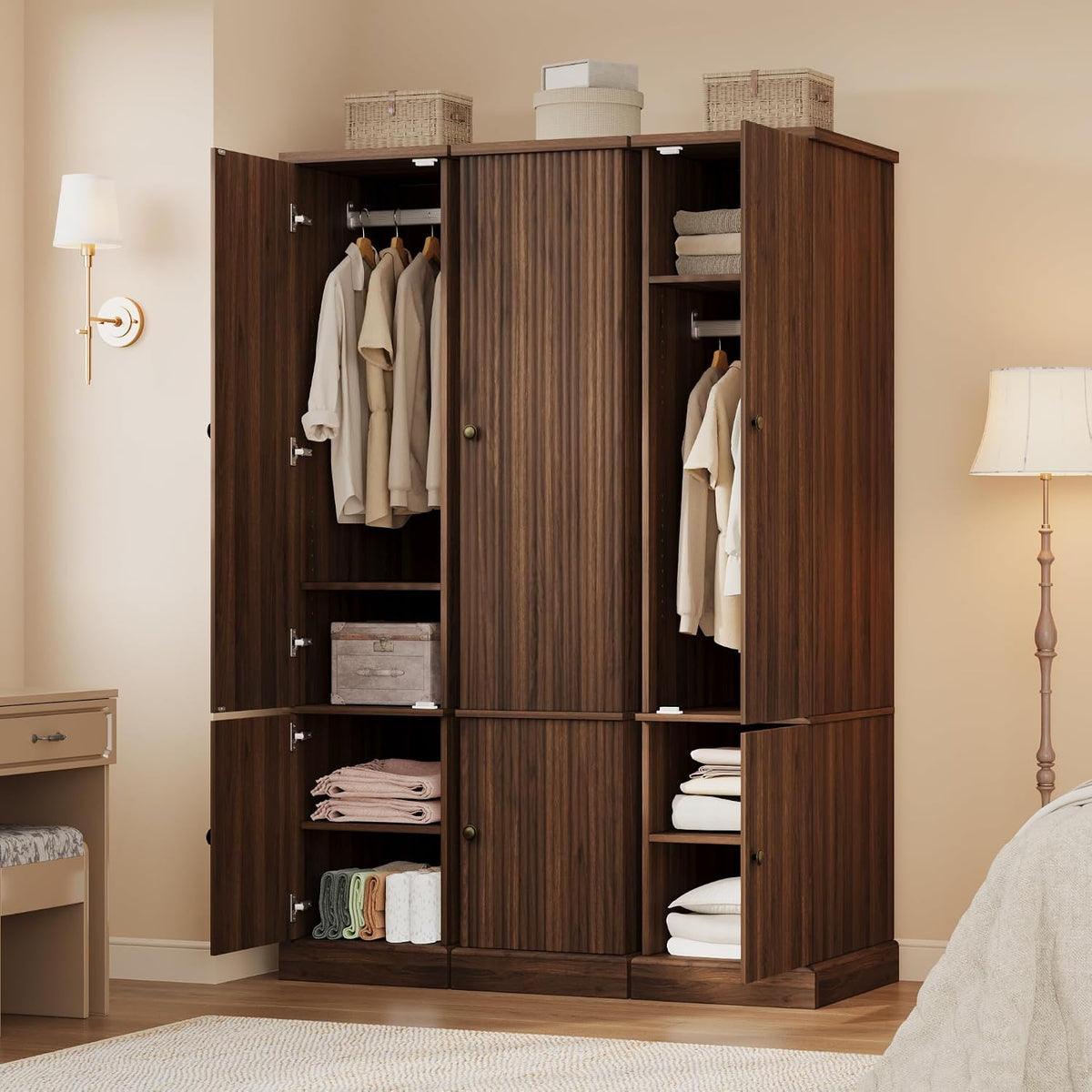 Garvee 72" Tall Armoire Wardrobe Closet, Fluted Wood, Narrow, Retro Brown