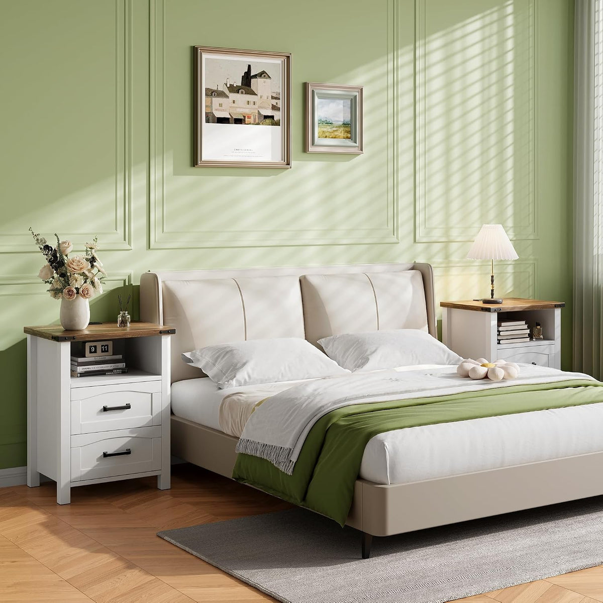 Decofy Farmhouse Nightstand Set of 2 with Charging Station, 2 Drawers