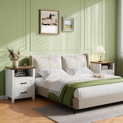 Decofy Farmhouse Nightstand Set of 2 with Charging Station, 2 Drawers