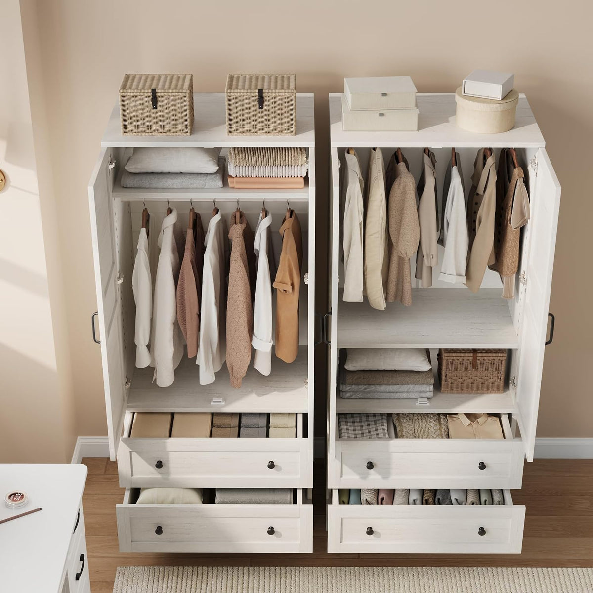 GarveeHome Armoire Wardrobe Closet with 2 Drawers,72 in Wooden Wardrobe Cabinet with Hanging Rod, Tall Clothing Armoire Cabinet with Doors and 18 Adjustable Shelves for Bedroom, Clothes, Rustic White