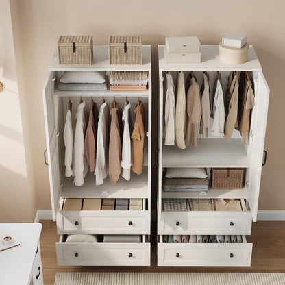 GarveeHome Armoire Wardrobe Closet with 2 Drawers,72 in Wooden Wardrobe Cabinet with Hanging Rod, Tall Clothing Armoire Cabinet with Doors and 18 Adjustable Shelves for Bedroom, Clothes, Rustic White