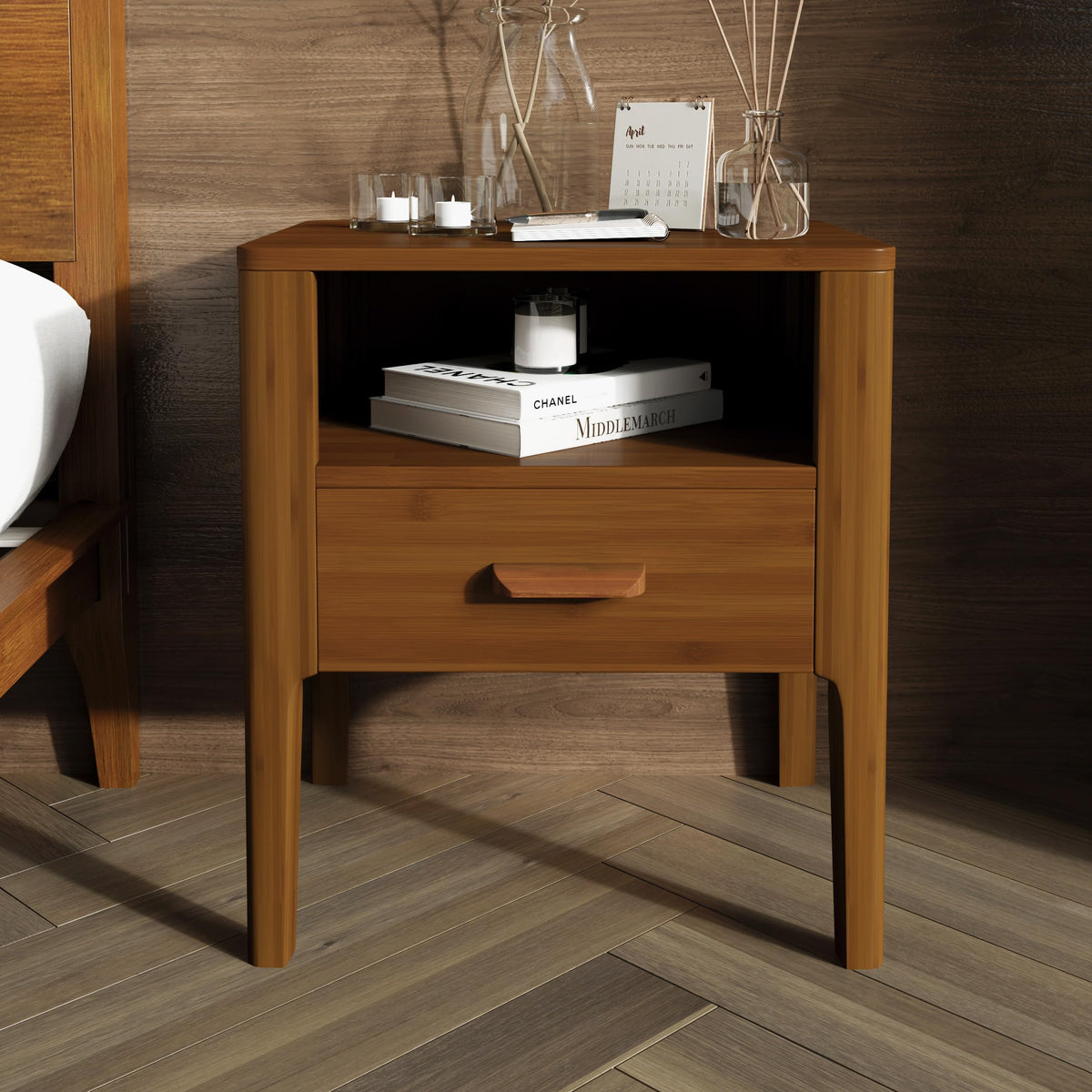 Merax Bamboo Nightstands Set of 2, Night Stands w/Drawer & Shelf, Brown