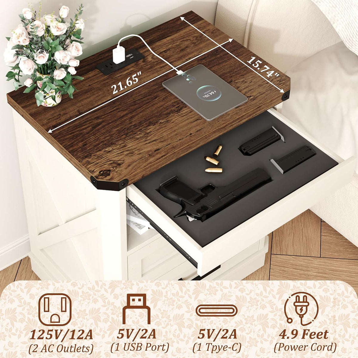 Yusong Farmhouse Night Stand with Gun Drawer & Invisible Lock, Rustic Wooden Night Stand with Charging Station, Beside Table with Drawers and Open Storage, End Tables for Bedroom, (White 004)