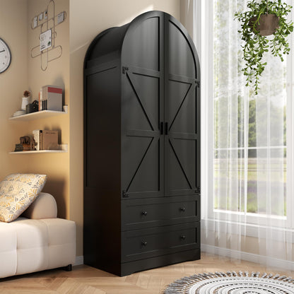 Gyfimoie White Armoire Wardrobe Closet with 2 Drawers, 75" Wooden Wardrobe with 2 Doors, Freestanding Closet Armoire Cabinet with Hanging Rack, Clothing Storage Cabinet for Bedroom (White)