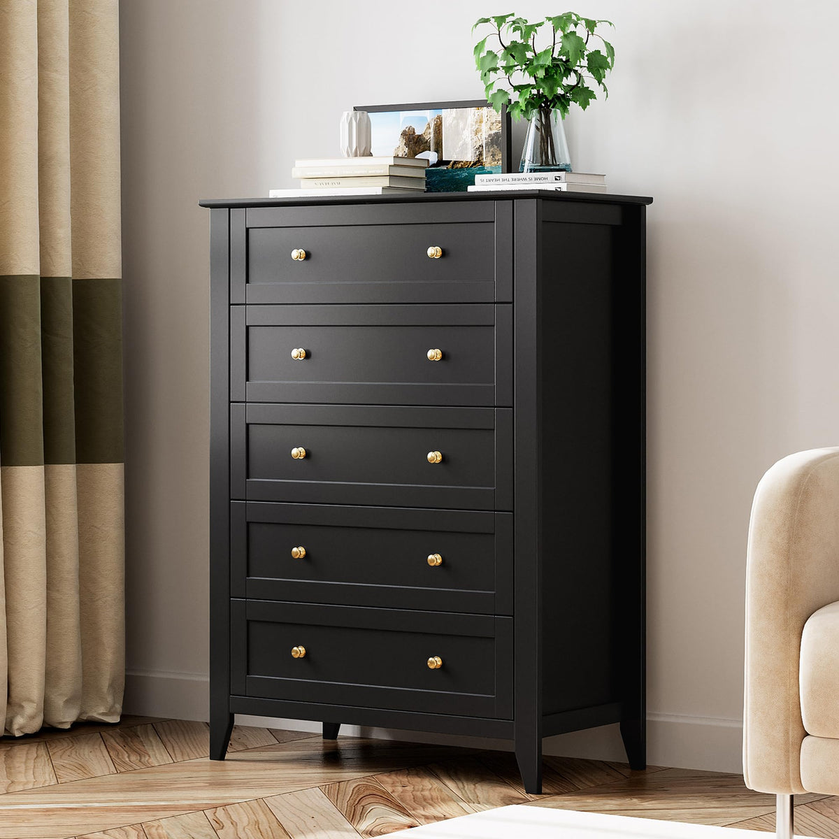 Garvee 5 Drawer Dresser for Bedroom, Modern Tall Chest of Drawers with Metal Knobs, Wooden Clothes Storage Organizer for Closet, Nursery, Living Room, Apartment, Green