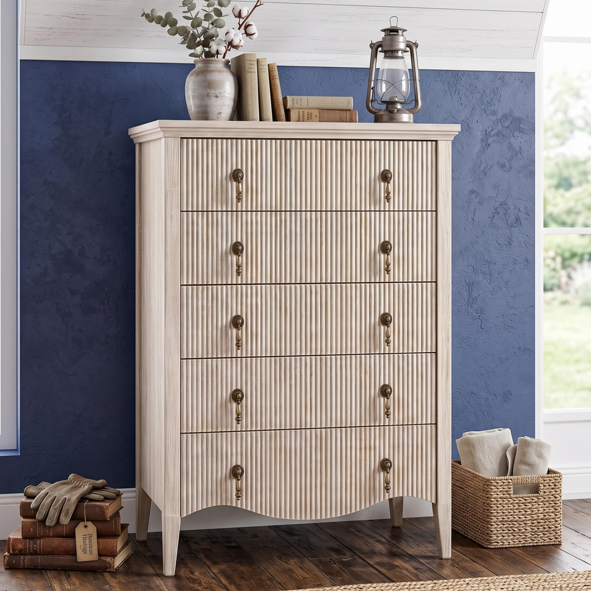 FUSUNBAO 5-Drawer 47" Tall Fluted Dresser, Vertical Chest of Drawers,Walnut