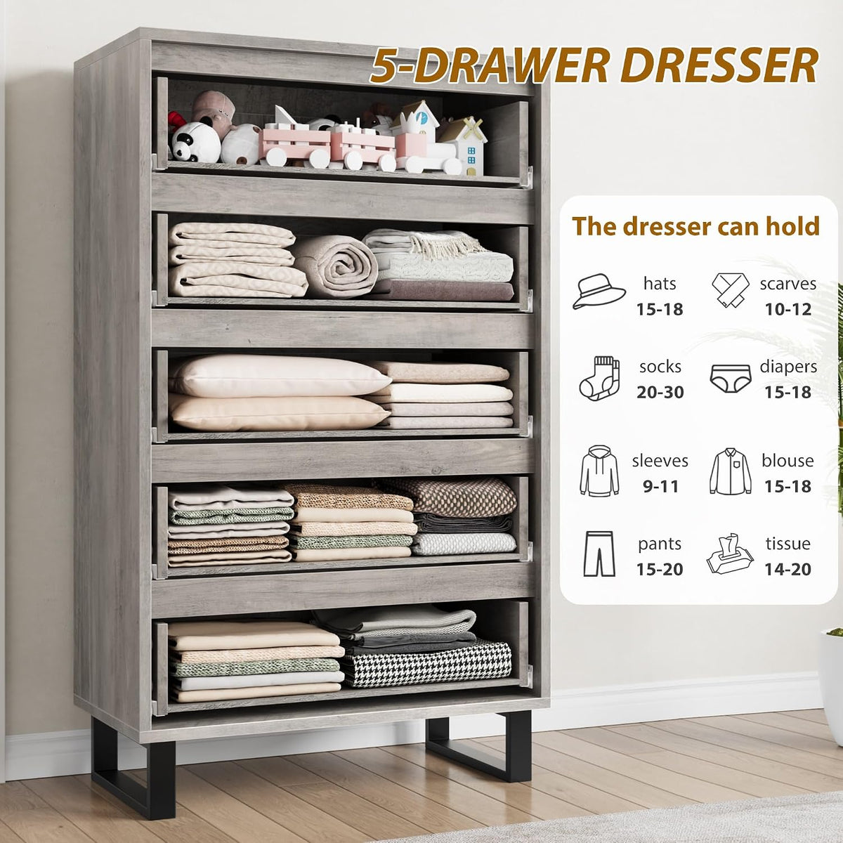 Garvee 5 Dresser for Bedroom, 50.5" Vertical Dresser Drawer with Storage
