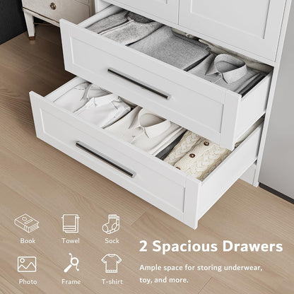 iPormis Armoire Wardrobe Closet with 2 Drawers, Modern Wooden Bedroom Armoire with Doors, Clothing Storage Cabinet with Aluminum Hanging Rod, Wardrobe Storage with Strong Door Closure, White