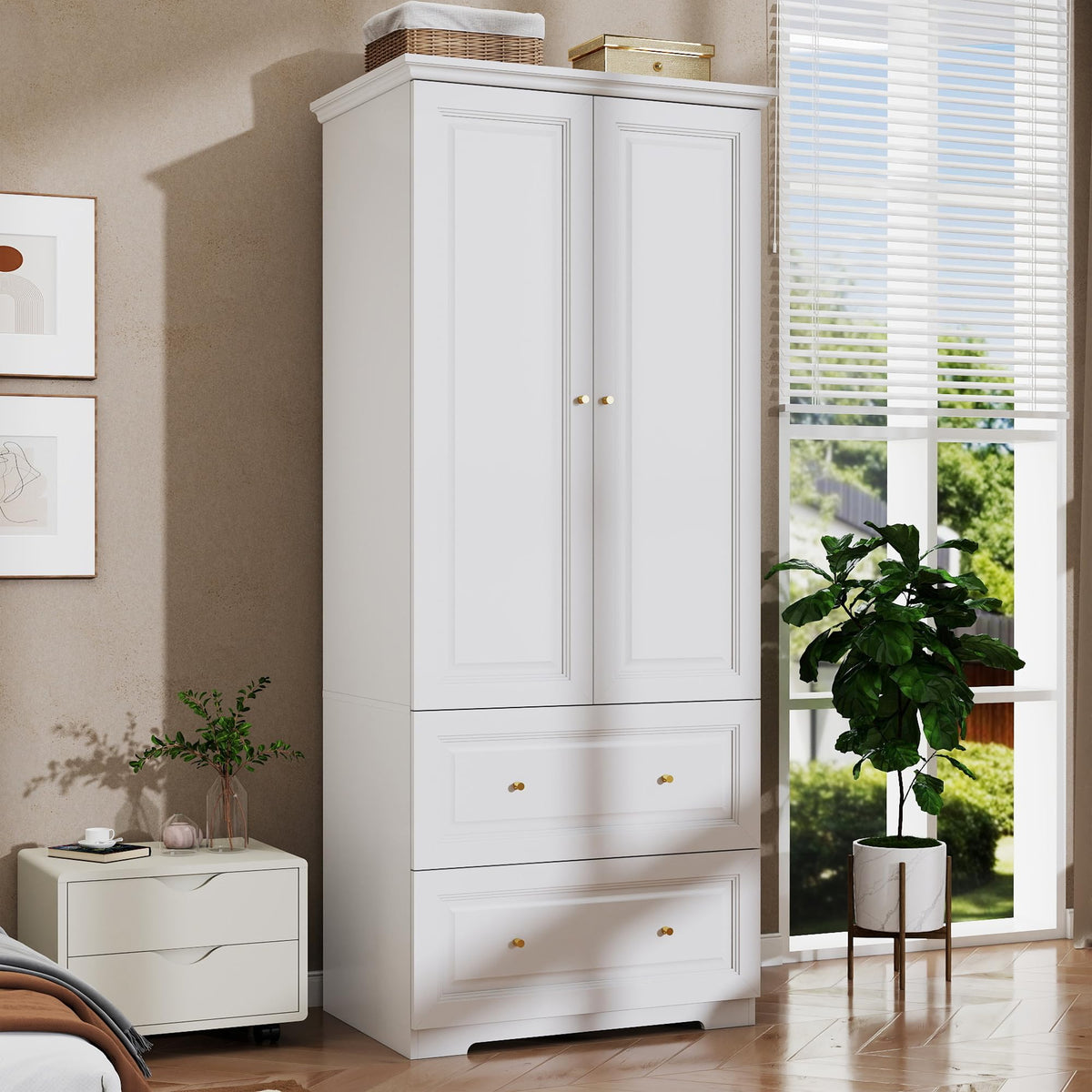 White Wardrobe Closet with 2 Drawers and 4 Doors, 74" H x 59" W