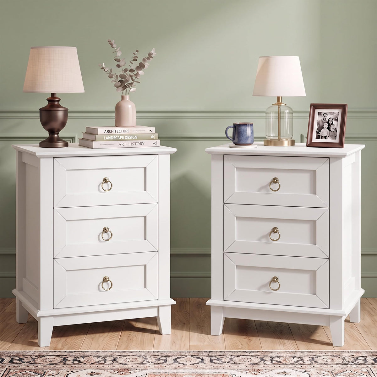 RoyalCraft Farmhouse Tall Nightstand Set of 2, Painted Wooden Bedside End Table with 3 Storage Drawers, Rustic Side Table for Bedroom, Light Green