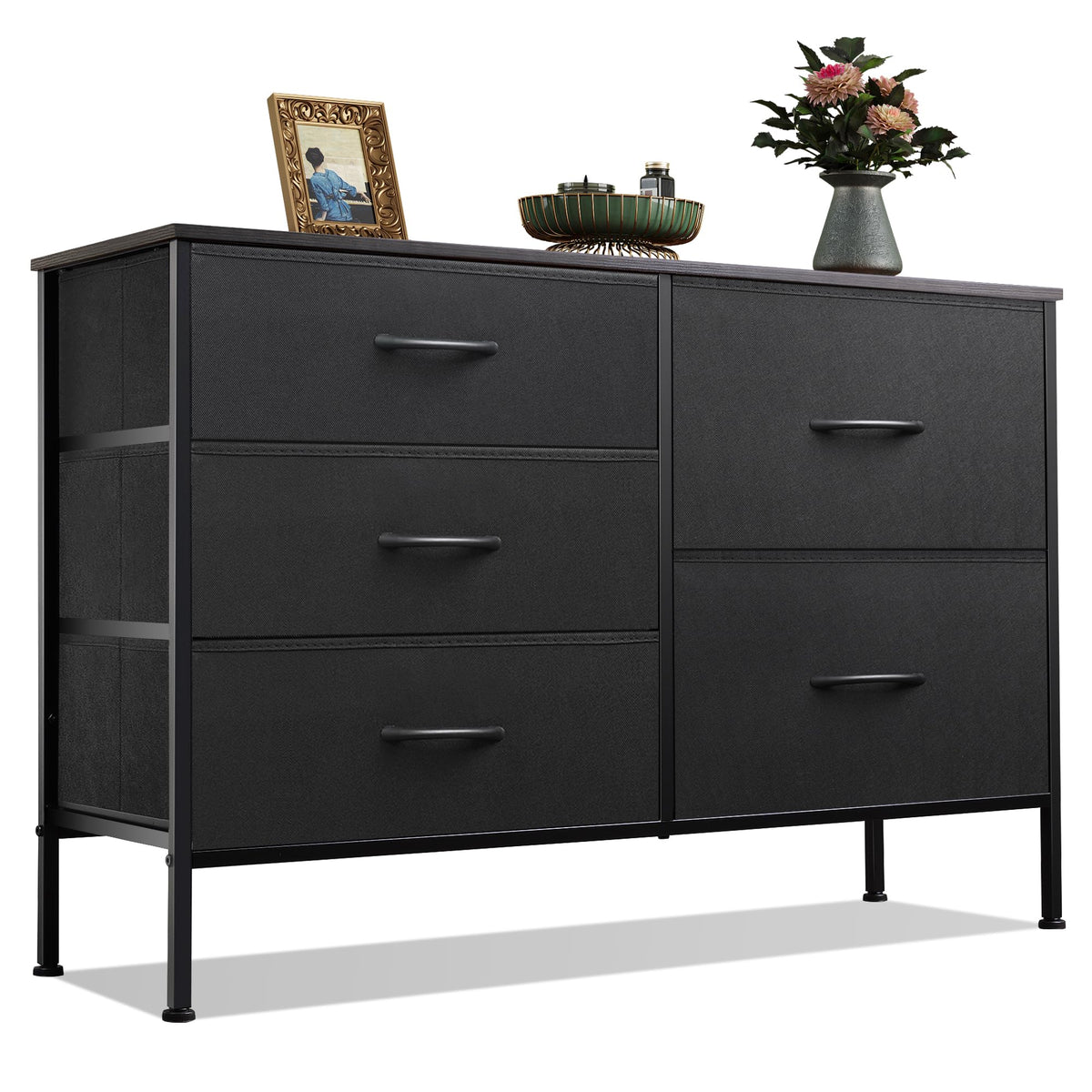 WLIVE Black Dresser for Bedroom, 5 Fabric Chest of Drawers
