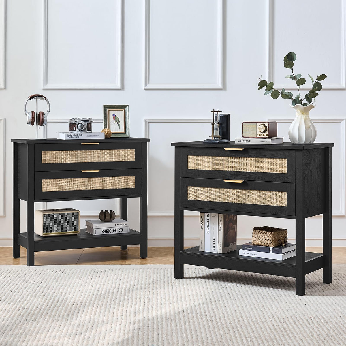LEYAOYAO 26.8" Wide Rattan Nightstand, Large Boho 3 Drawer Night Stand