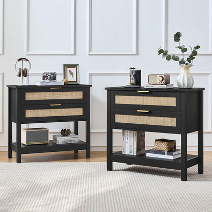 LEYAOYAO 26.8" Wide Rattan Nightstand, Large Boho 3 Drawer Night Stand