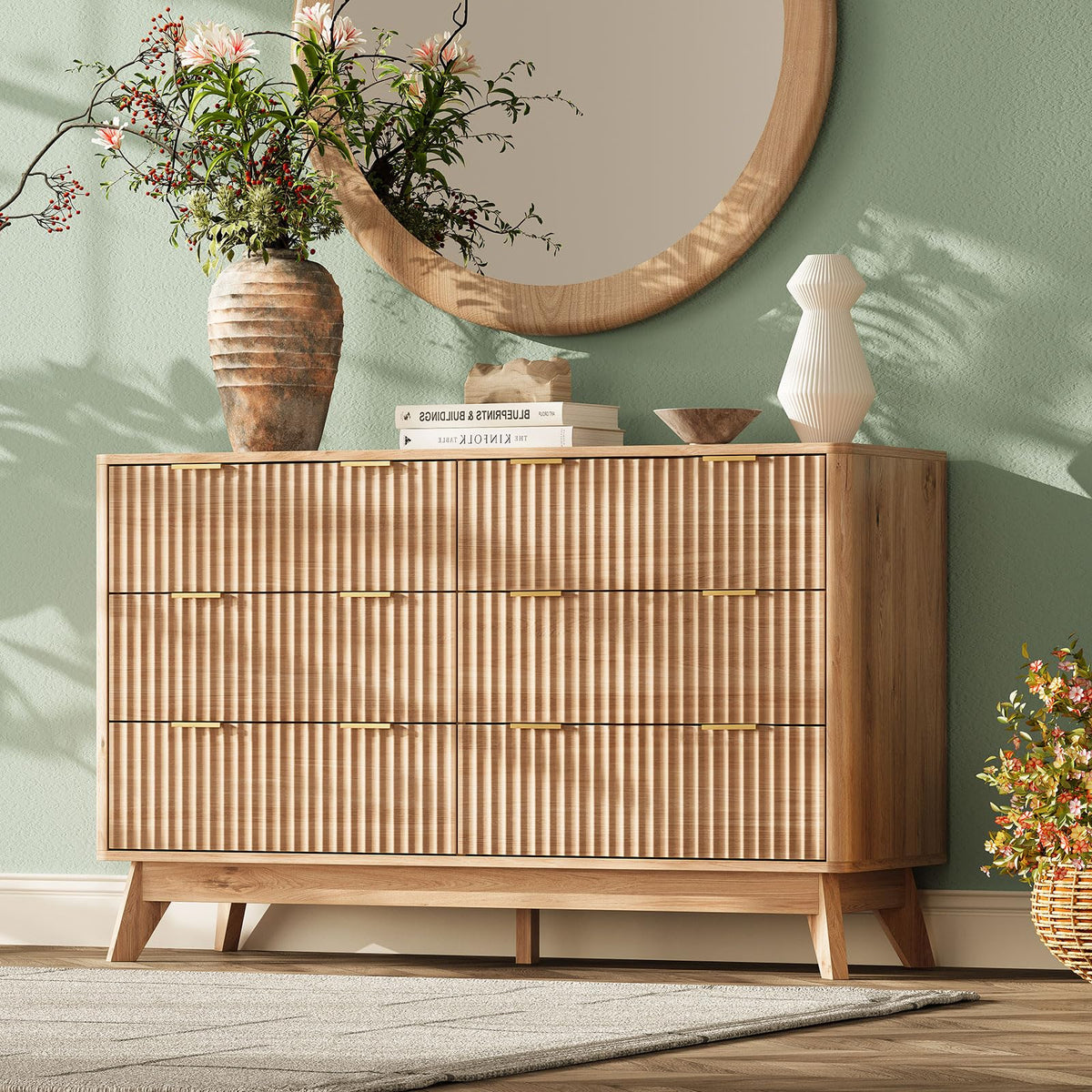 63" Wide Fluted 9 Drawers Dresser for Bedroom,Curved Edge,Oak