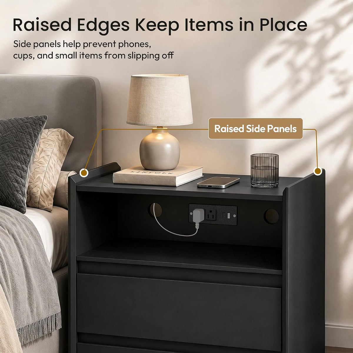 Black Nightstand with Charging Station, 24"H, 2 Drawers & Shelf