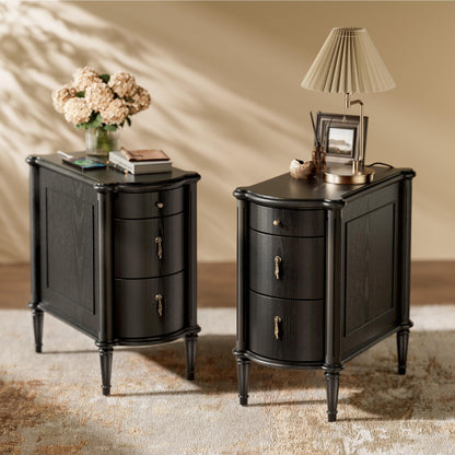 STO'SENSE Nightstand w/Charging Station & 3 Drawers, Pre-Assembled, Vintage Side Table w/Antique-Finished Pulls, Rustic Wood Finish, Narrow End Table w/Turned Legs for Bedroom (1, Ivory White)