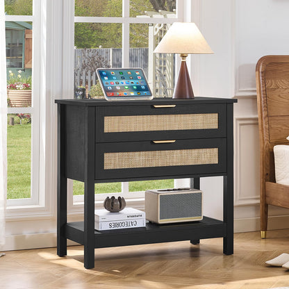 LEYAOYAO 26.8" Wide Rattan Nightstand, Large Boho 3 Drawer Night Stand