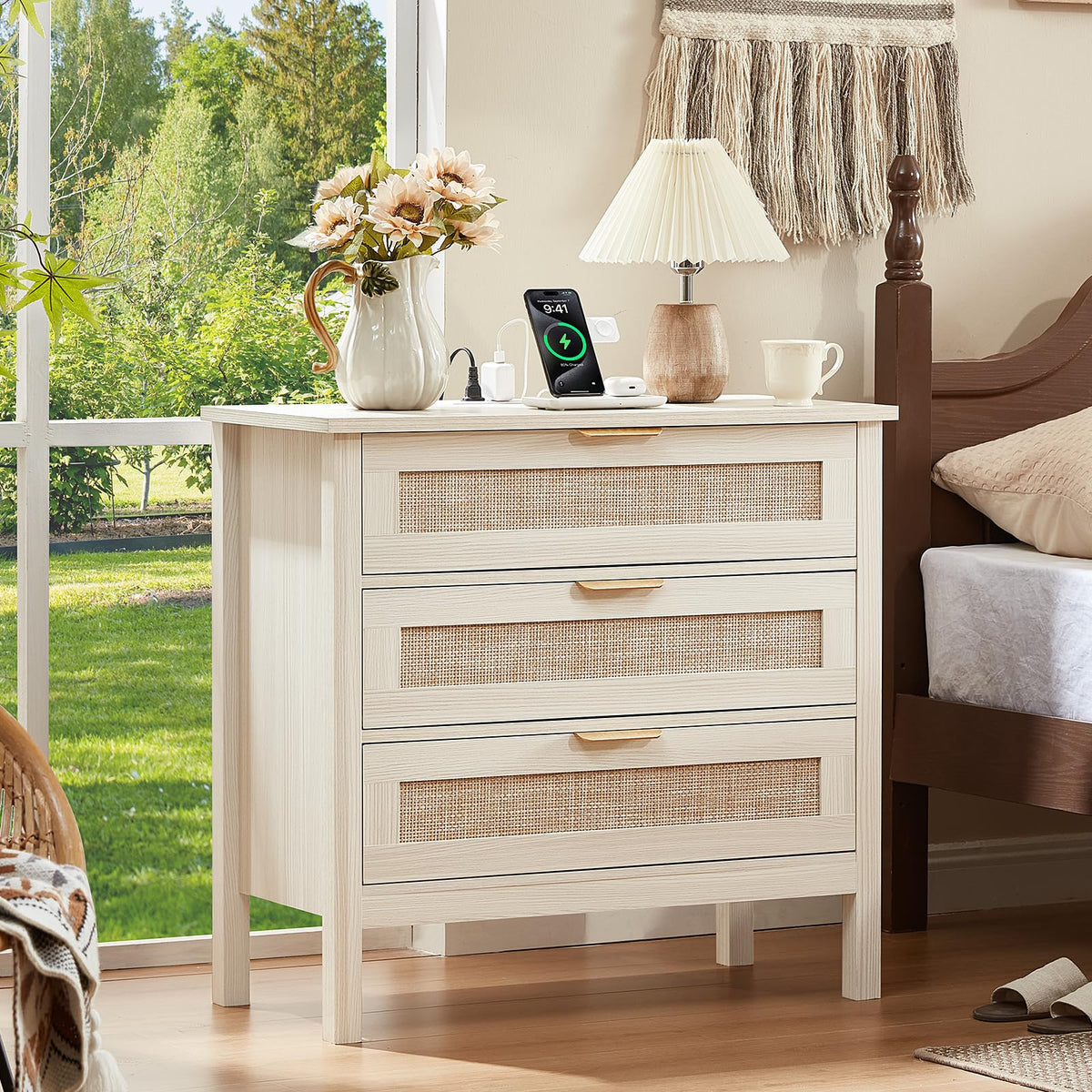 LEYAOYAO 26.8" Wide Rattan Nightstand, Large Boho 3 Drawer Night Stand