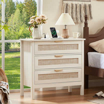 LEYAOYAO 26.8" Wide Rattan Nightstand, Large Boho 3 Drawer Night Stand
