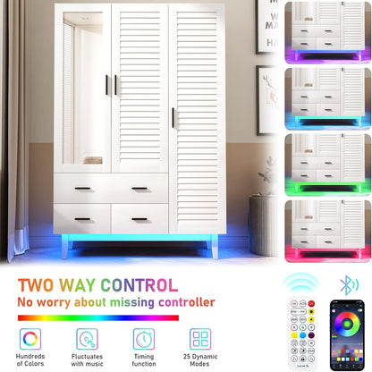 Hlivelood 3 Door Armoire Wardrobe Closet Cabinet with Drawers and LED Lights, Multi-Tier Shelves, Hanging Rod & 3 Louver Doors, Large Capacity Storage Wardrobe Armoire for Bedroom, White