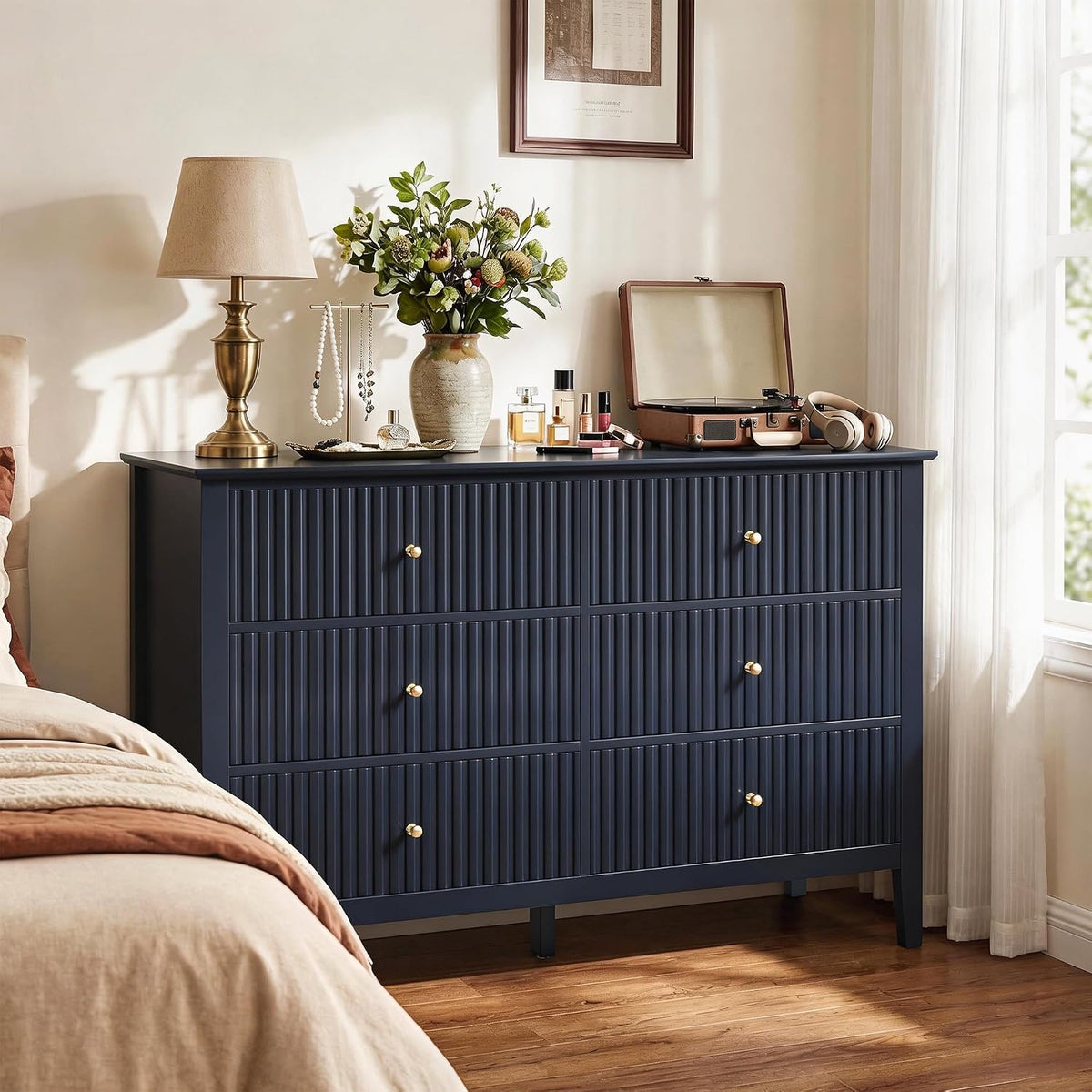 RoyalCraft 6 Drawer Dresser, Fluted Modern Wood Chest of Drawers, Long Dresser for Bedroom TV Stand Storage Cabinet for Living Room, Blue