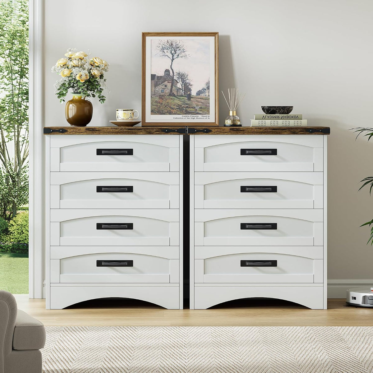 Decofy Farmhouse 4 Drawers Dresser for Bedroom, Walnut & White