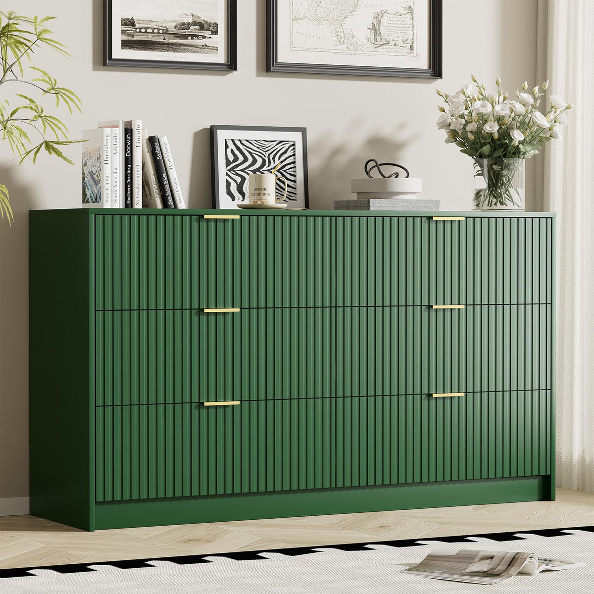 Furniway 55" Wide Green Dresser for Bedroom, Fluted 8 Drawer Dresser