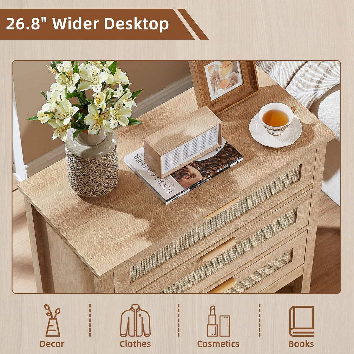 LEYAOYAO 26.8" Wide Rattan Nightstand, Large Boho 3 Drawer Night Stand