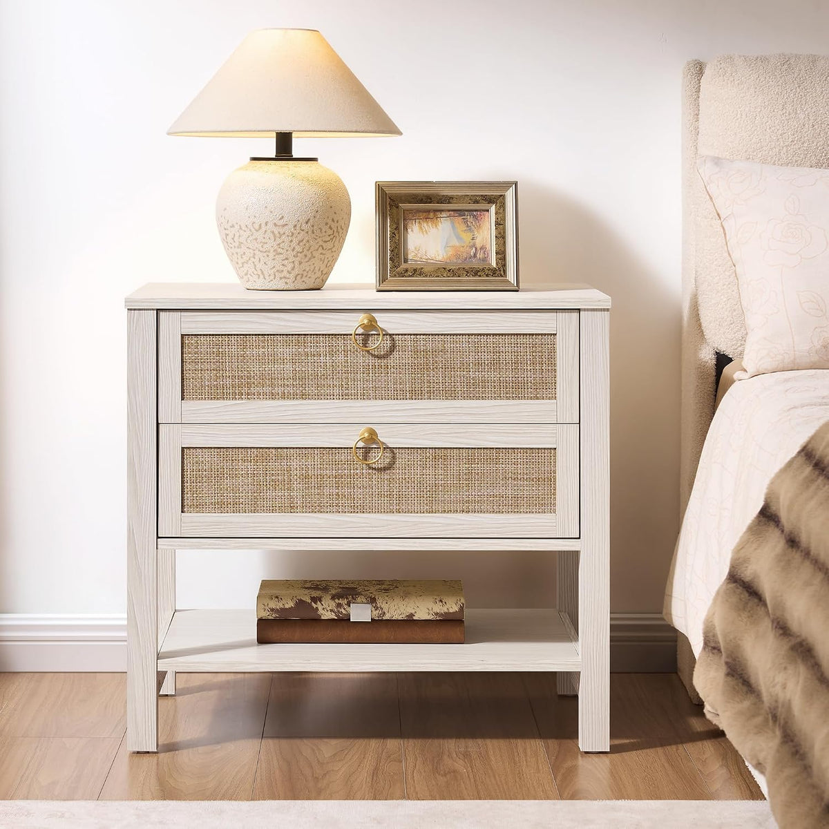 SICOTAS White Rattan Nightstand Set of 2, Wide Bedside Table with 2 Drawers