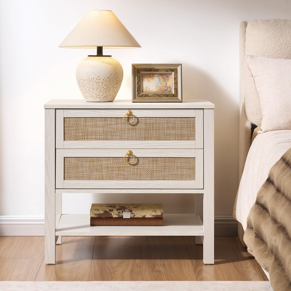 SICOTAS White Rattan Nightstand Set of 2, Wide Bedside Table with 2 Drawers