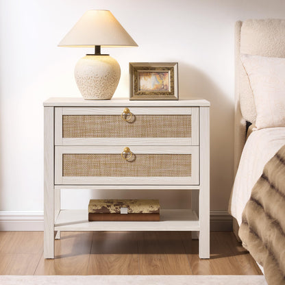 SICOTAS White Rattan Nightstand Set of 2, Wide Bedside Table with 2 Drawers