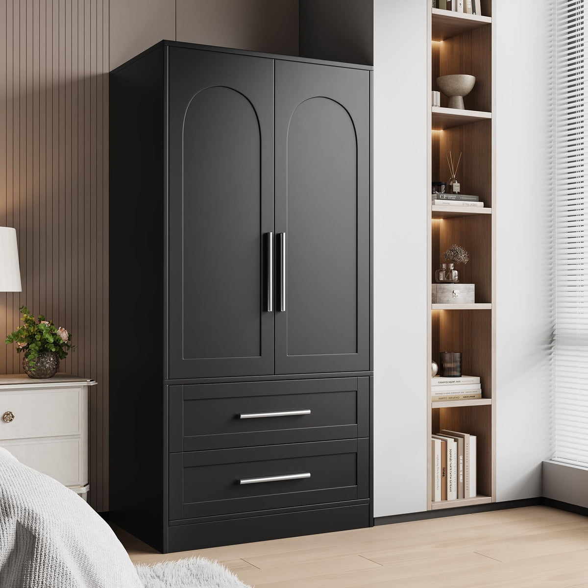 iPormis Armoire Wardrobe Closet with 2 Drawers, Modern Wooden Bedroom Armoire with Doors, Clothing Storage Cabinet with Aluminum Hanging Rod, Wardrobe Storage with Strong Door Closure, White
