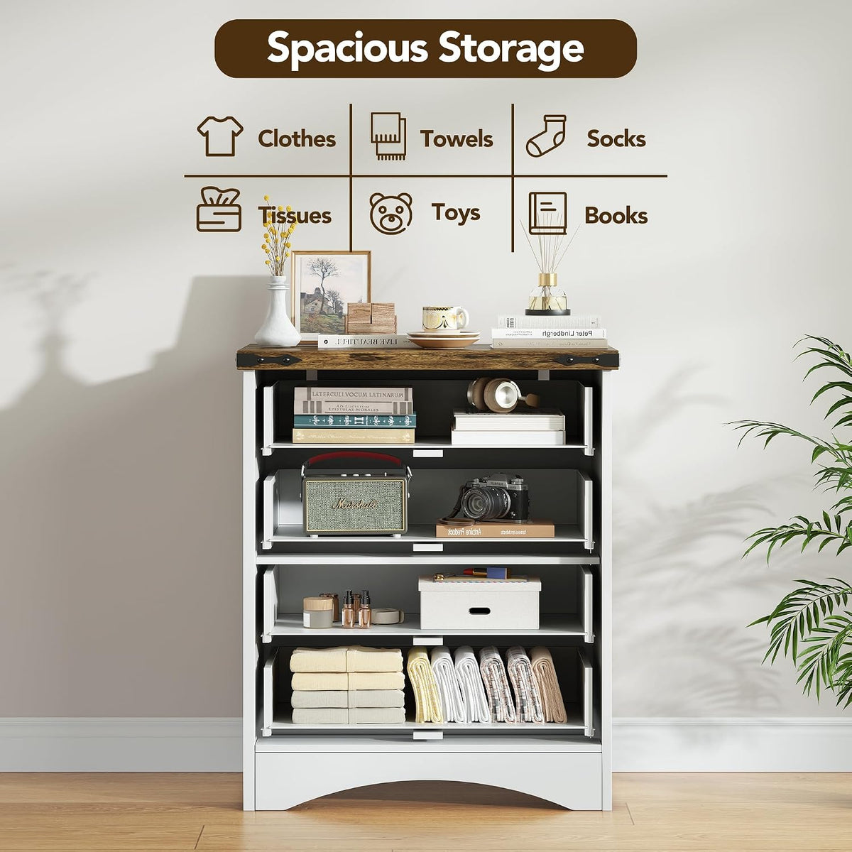 Decofy Farmhouse 4 Drawers Dresser for Bedroom, Walnut & White