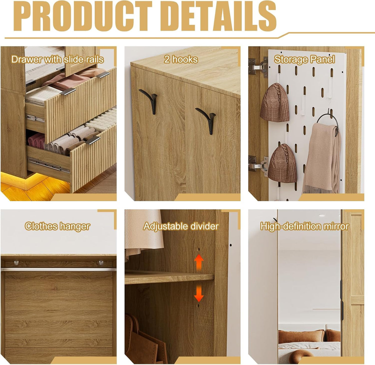 PAKASEPT Armoire Wardrobe Closet with 4 Doors, Pegboard and 2 Mirrors