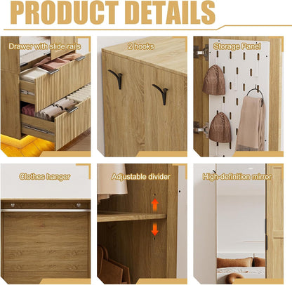 PAKASEPT Armoire Wardrobe Closet with 4 Doors, Pegboard and 2 Mirrors