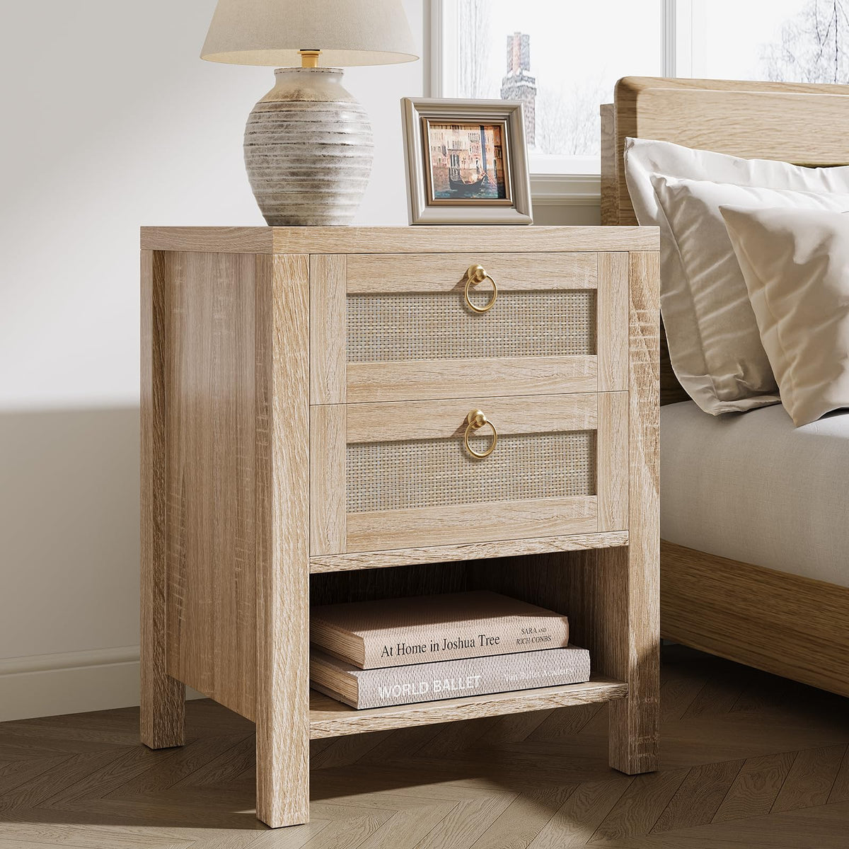 Rattan Nightstand with Charging Station - Boho Night Stand with 2 Drawers