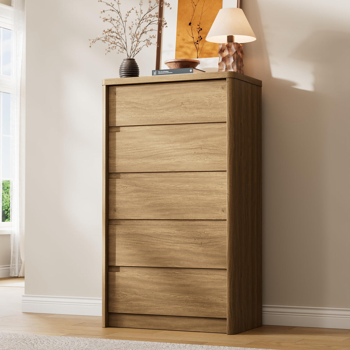 Walnut Dresser for Bedroom, 5 Drawer Dresser with Wood Legs, 47.2" Tall Wood Dresser, Mid Century Modern Chest of Drawers, Large Storage Bedroom Furniture, Walnut